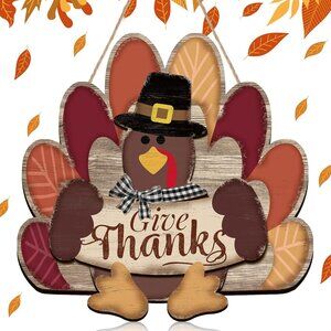 Thanksgiving Signs Door Decorations Turkey Hanging Give Thanks Wood Vintage Fall